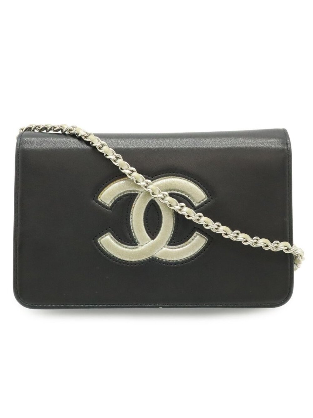 Chanel CC Logo Chain Wallet Shoulder Bag Pochette Crossbody Leather Black